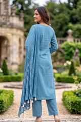 Powder Blue Bird Print Cotton Co-ord Set for Women – Kurta, Pant & Crinkle Dupatta