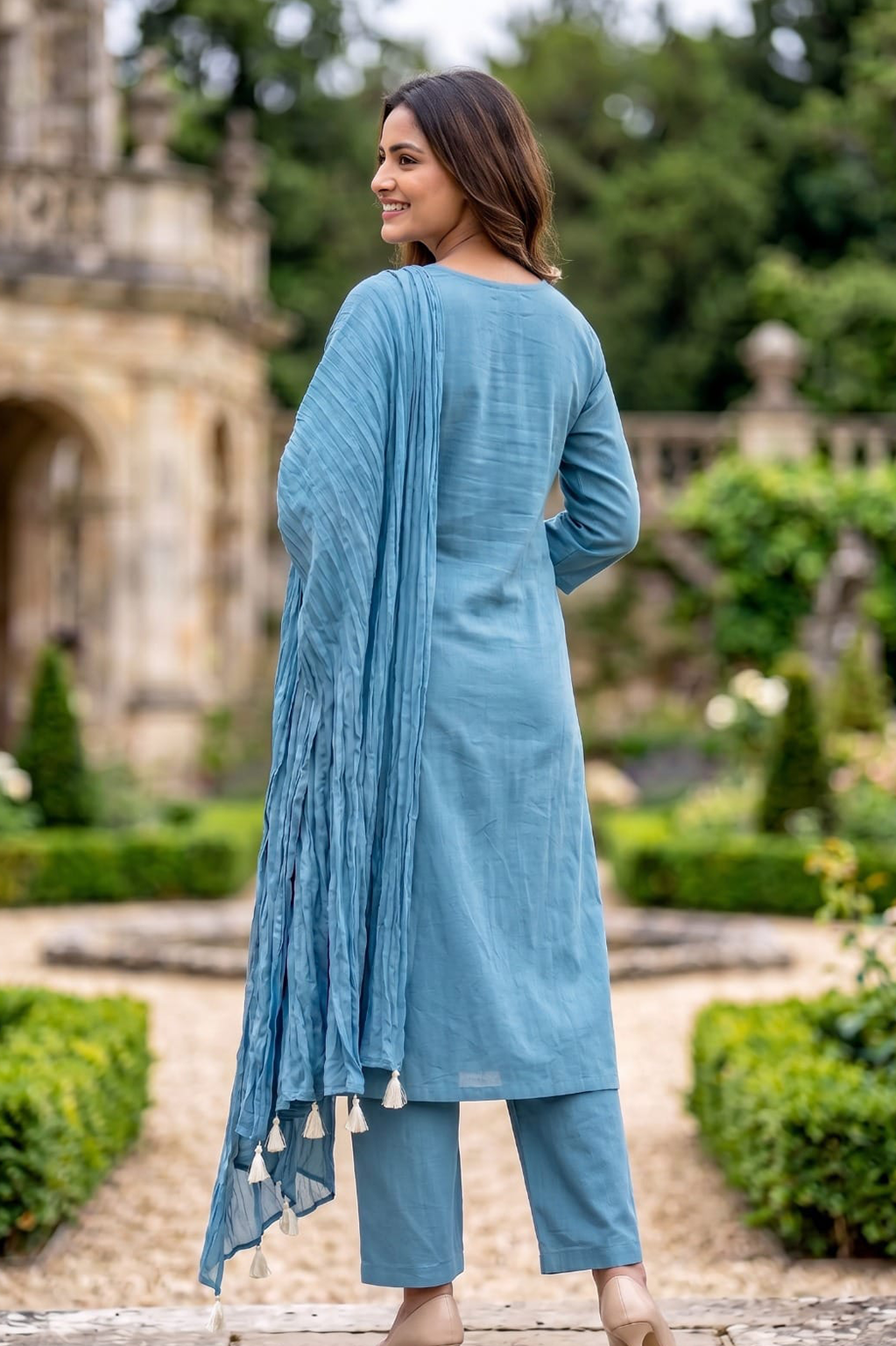 Powder Blue Bird Print Cotton Co-ord Set for Women – Kurta, Pant & Crinkle Dupatta