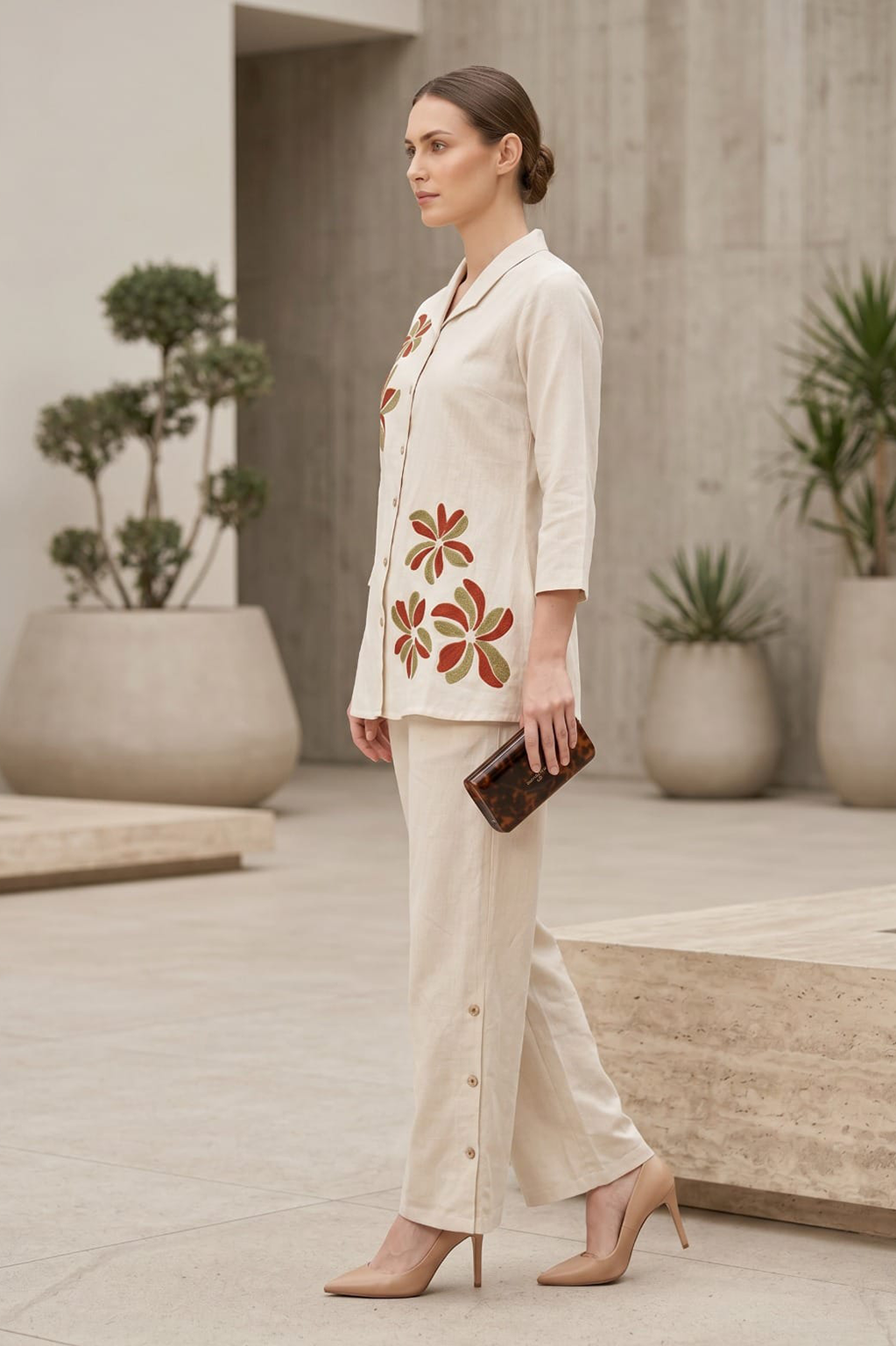 Summer Cotton Co-Ord Set for Women — Ivory Floral Shirt & Wide-Leg Trousers