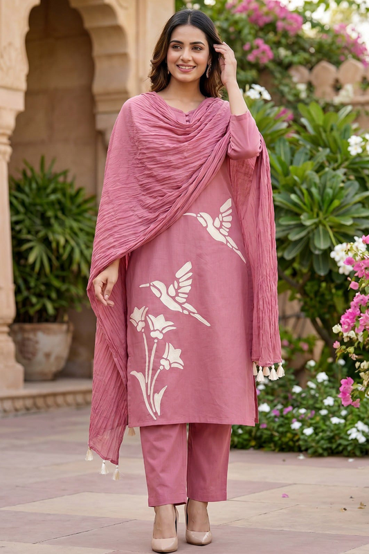 Rose Pink Bird Print Cotton Kurta Set with Crinkle Dupatta