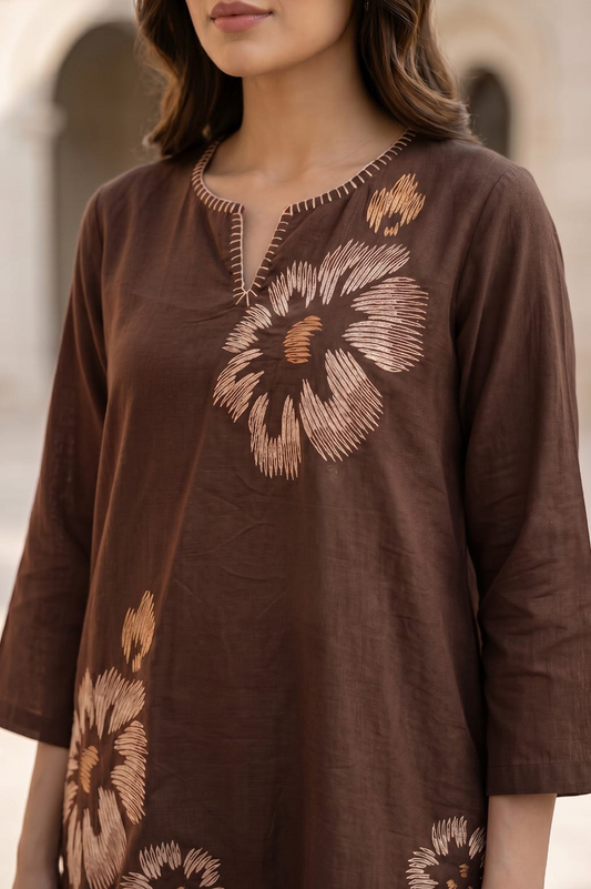 Coffee Brown Floral Print Cotton Co-Ord Set