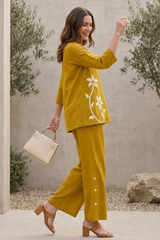 Mustard Yellow Floral Print Cotton Co-Ord Set — Shirt & Wide-Leg Trouser