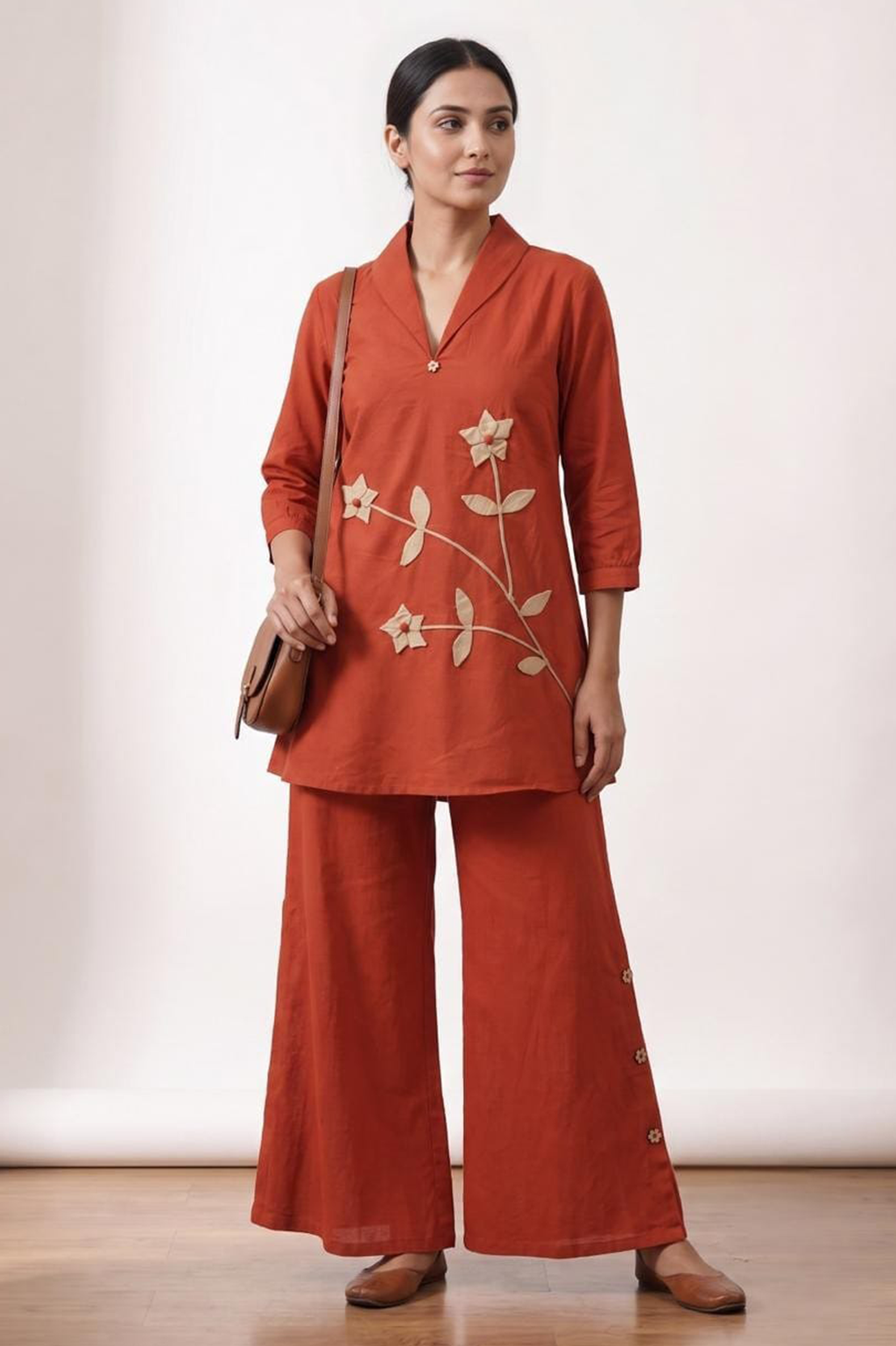 Rust Orange Floral Appliqué Cotton Co-Ord Set