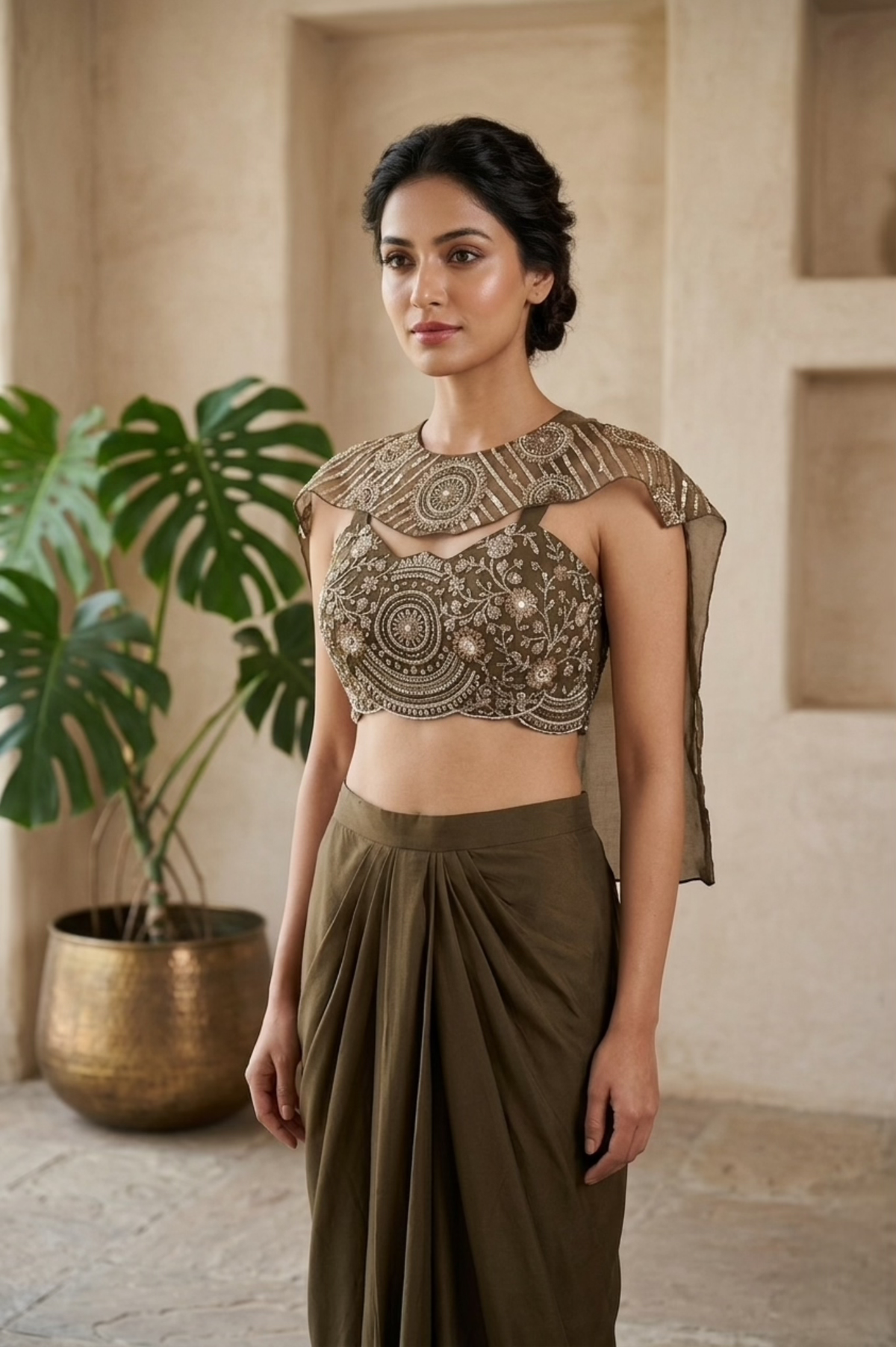 Olive Embellished Blouse & Draped Skirt Set for Women — Indo-Western Fusion