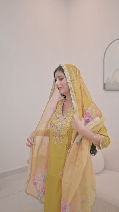 Mustard Yellow Embroidered Kurta Set with Floral Dupatta