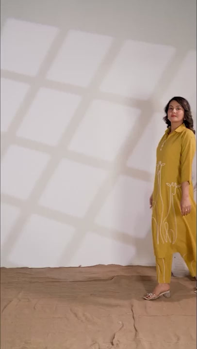 Yellow Printed Russian Silk Co-Ord Set for Women