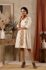 Off-White Floral Embroidered Western Dress — Gathered Empire Waist