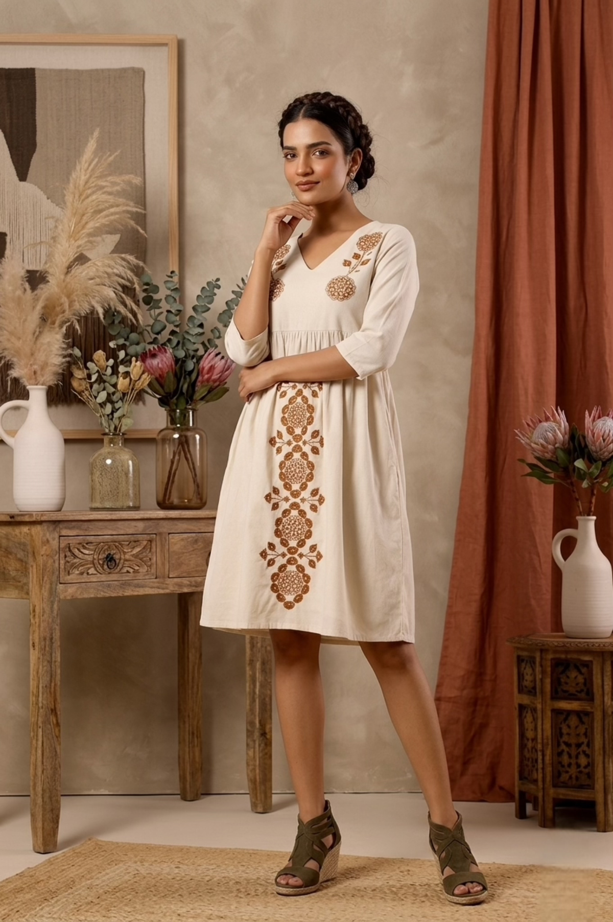 Off-White Floral Embroidered Western Dress — Gathered Empire Waist