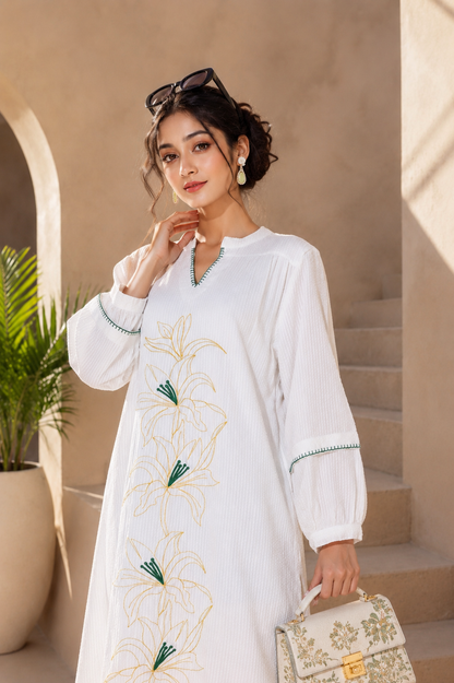 White & Ochre Botanical Embroidered Day Dress