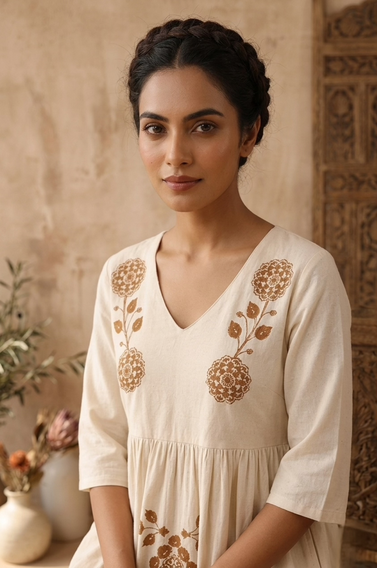 Off-White Floral Embroidered Western Dress — Gathered Empire Waist