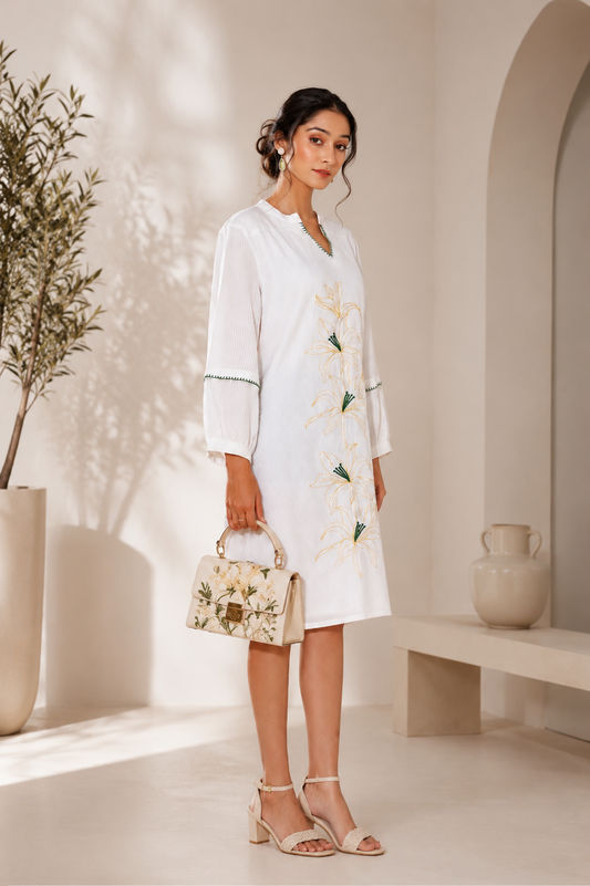 White & Ochre Botanical Embroidered Day Dress