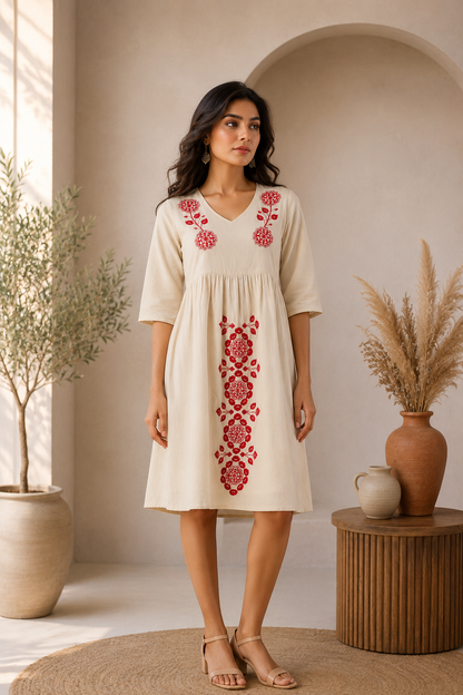 Off-White & Red Gathered Day Dress
